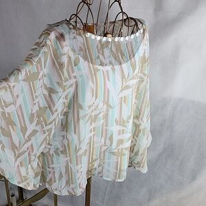 Mother of Pearl Bead Embellished Sheer Batwing Sleeve Chiffon Top